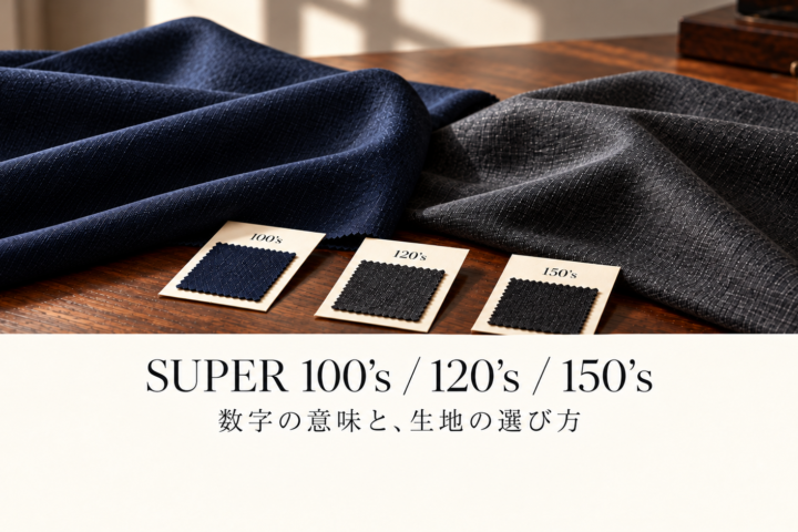 Super 100’s・120’s・150’sと、ネイビーやチャコールの生地見本を並べたカタログ風の生成画像