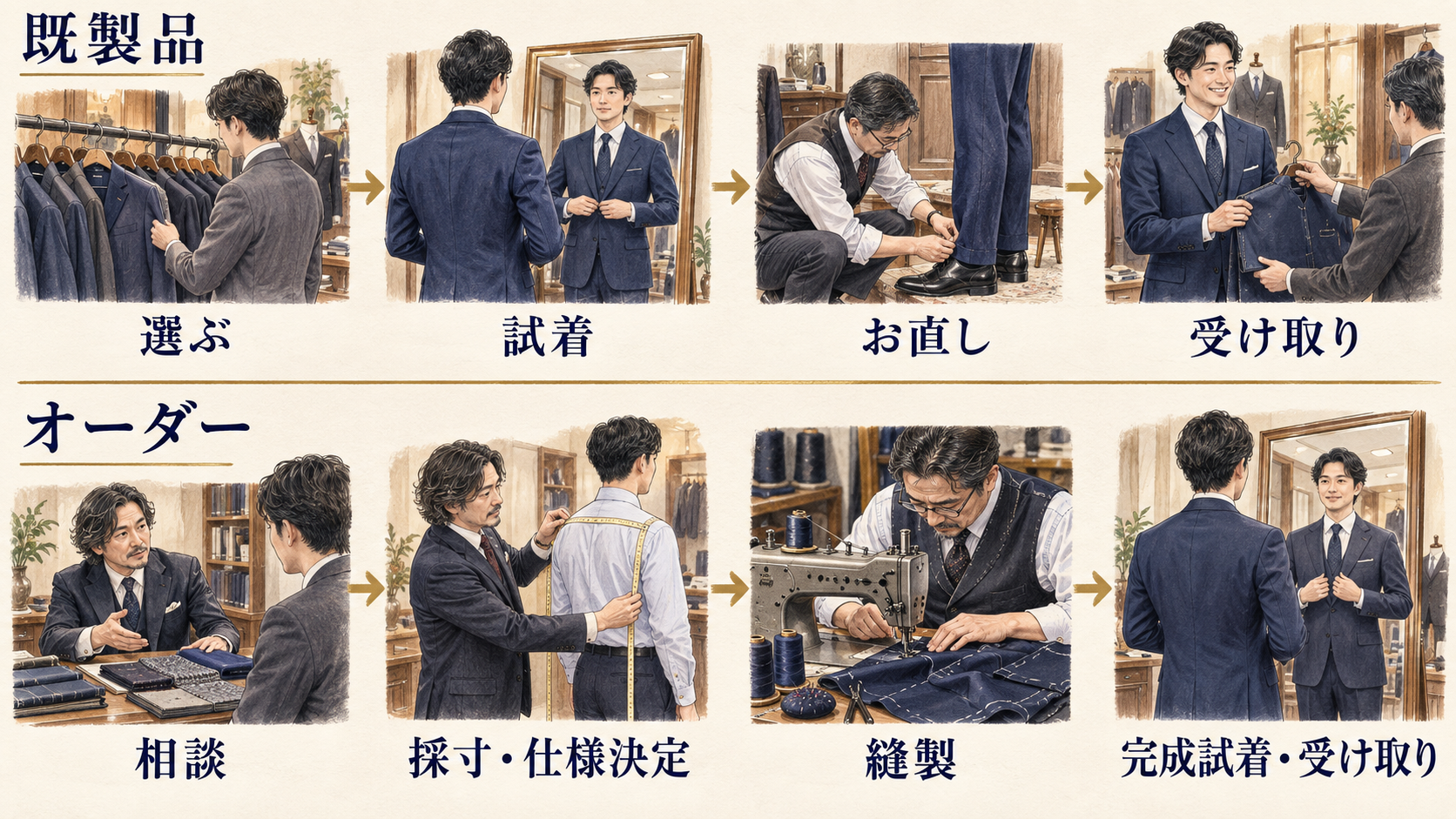 既製品の選択・試着・お直し・受け取りと、オーダーの相談・採寸・縫製・完成試着を比較する図解