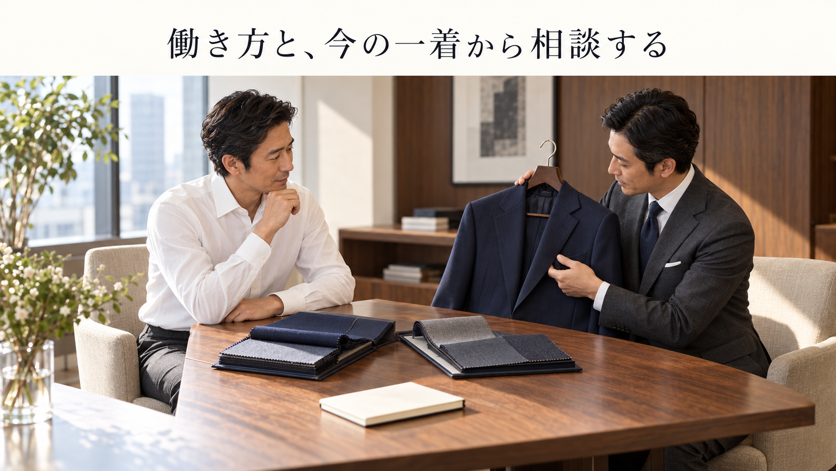 手持ちのスーツと生地見本を比べながら相談する架空の場面