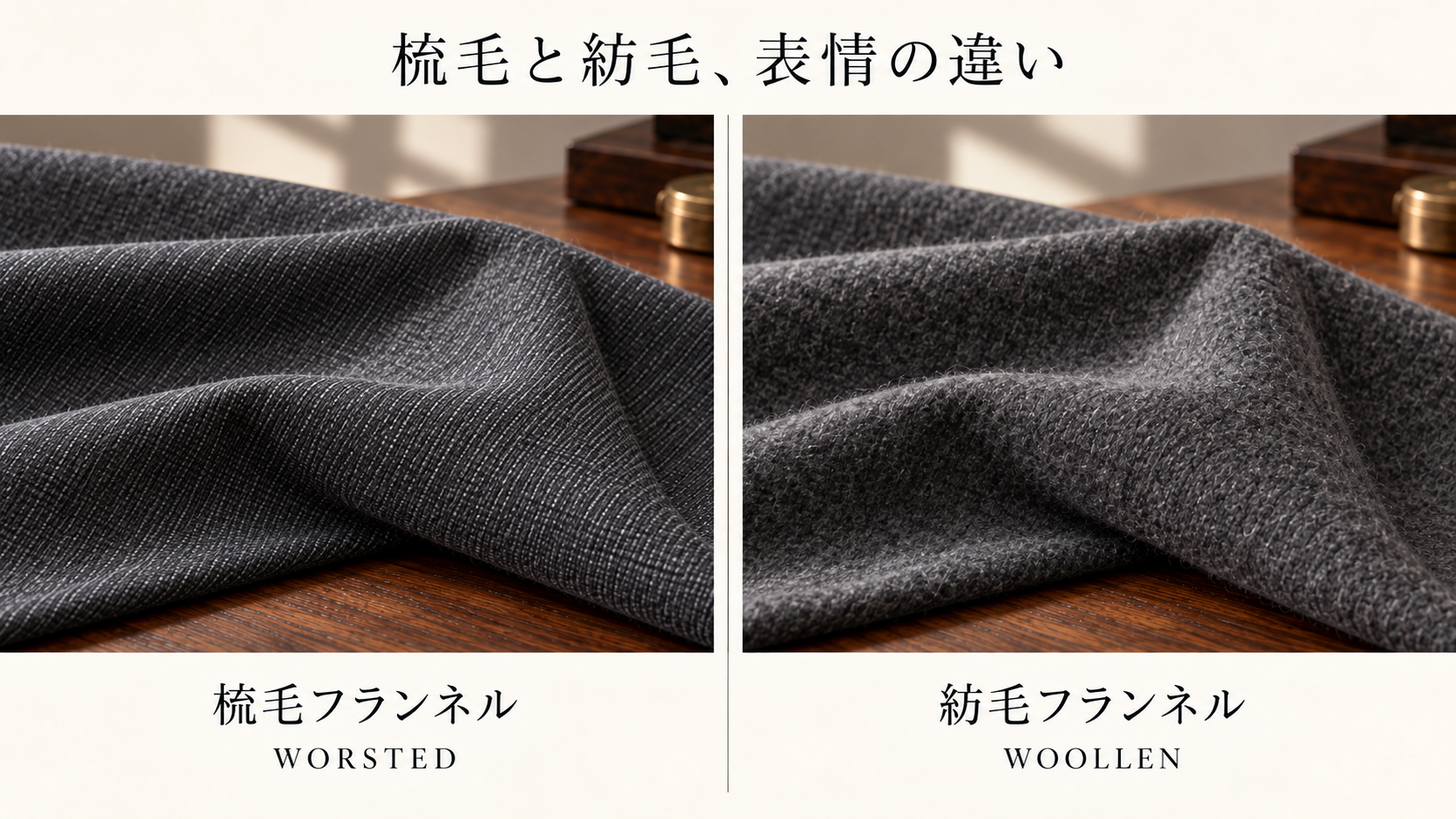 梳毛フランネルと紡毛フランネルの表面の印象を、同じグレー系で並べた生成イメージ